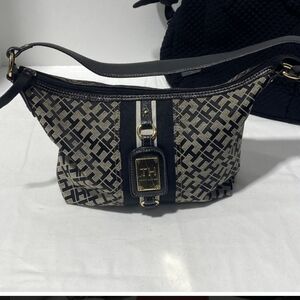Tommy Hilfiger Black and Beige Monogram Shoulder Bag